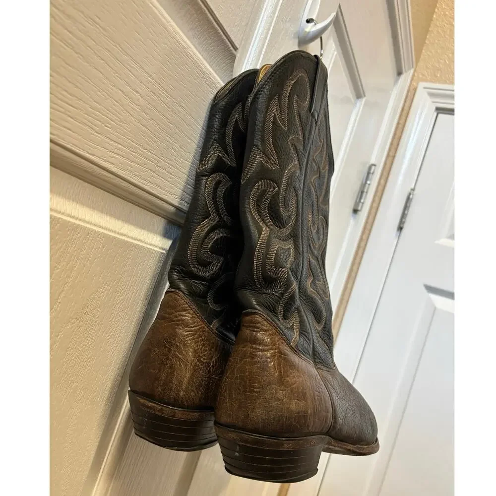 Vintage Nocona Cowboy Boots Men’s 11D USA Brown Black Leather Western Stitch